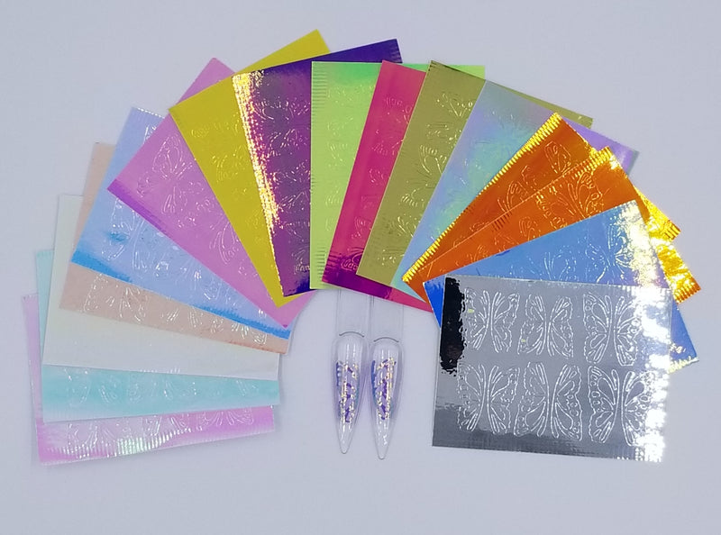 16 pc Butterfly Wings Holographic/Silver/Gold Nail Art sticker sheets